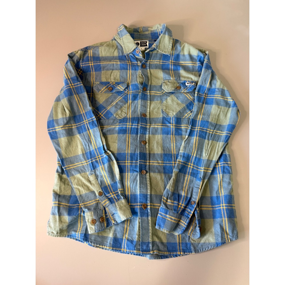 Salty Crew Mens Blue Green Yellow Plaid Flannel Button Up Shirt Size Medium